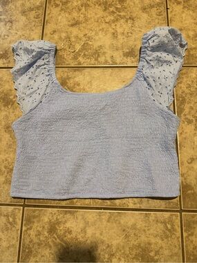 Universal Thread Light Blue Smocked Crop Top with Eyelet Flutter Sleeves